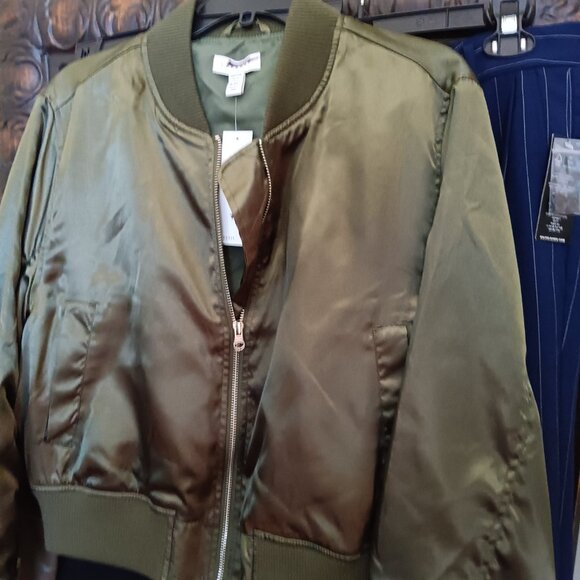 Women's Deep Green Satin Bomber Jacket - Picture 2 of 5